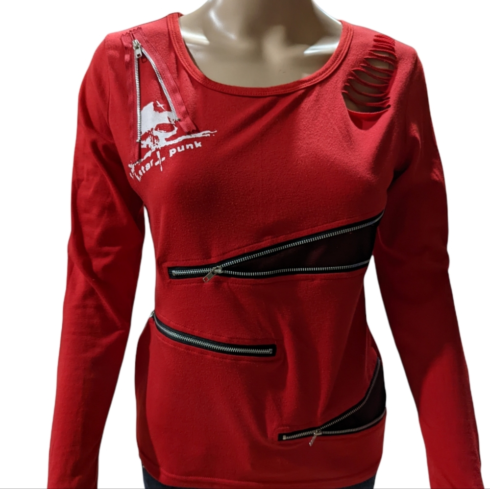 Angele Mele Milano Red Zipper Distressed Shirt Sz M